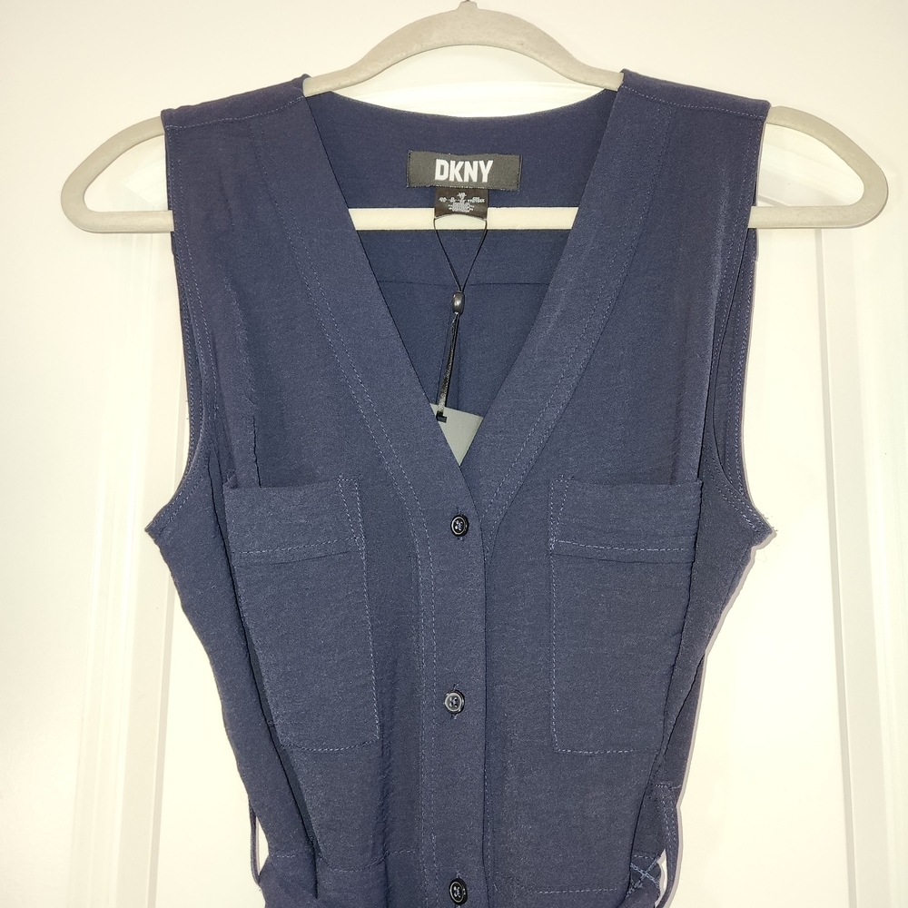 NWT DKNY Navy Blue Sleeveless Shirt Dress With Tie Size 10 Lightweight Flowy - Picture 3 of 14